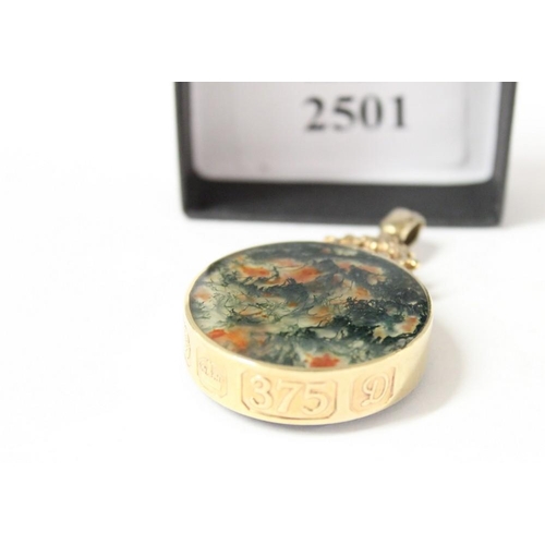 2501 - 9ct Gold Mounted Moss Agate & Bluejohn Pendant, total weight 27.2g, approx 35mm in diameter.