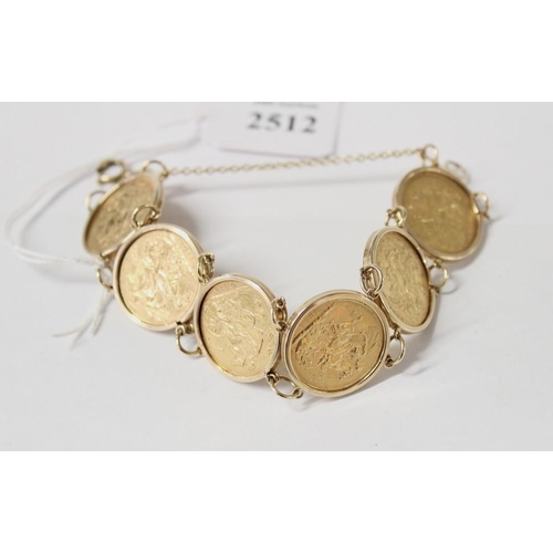 2512 - 9ct Gold Bracelet Mounted with 6  Victorian Gold Sovereigns, various dates, total weight 59.6g.