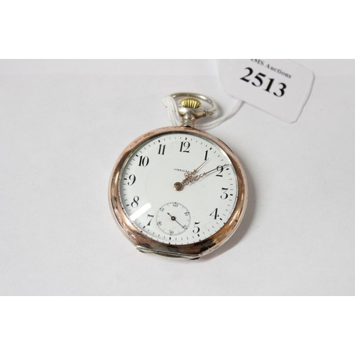 2513 - Vintage Silver Plated Omega Pocket Watch, White Enamel Dial with Arabic Numerals & Subsidiary Second... 