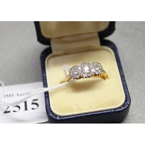 2515 - 18ct Gold Diamond Triple Cluster Ring UK Size Q, total weight 3g.