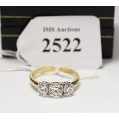 2522 - 18ct Gold 3 Stone Diamond Ring (1.55), UK Size P, total weight 4g.