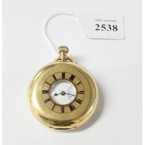 2538 - 18ct Gold Half Hunter Pocket Watch, Central Outer Window surrounded with Roman Numerals, Opening to ... 