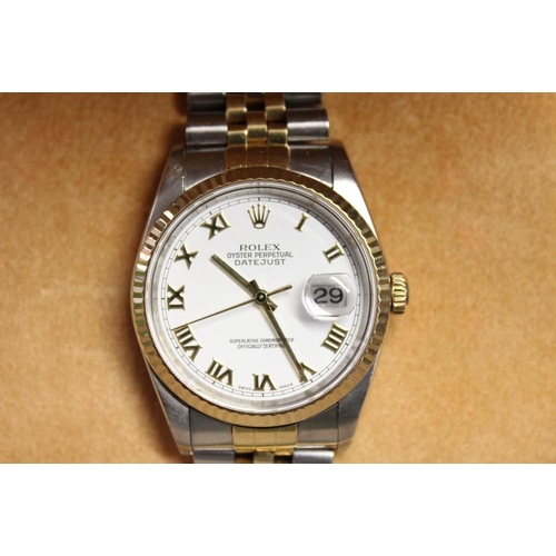 2540 - Rolex Bimetal, Datejust Wristwatch, White Face with Roman Numerals, Full Set Box & Papers.