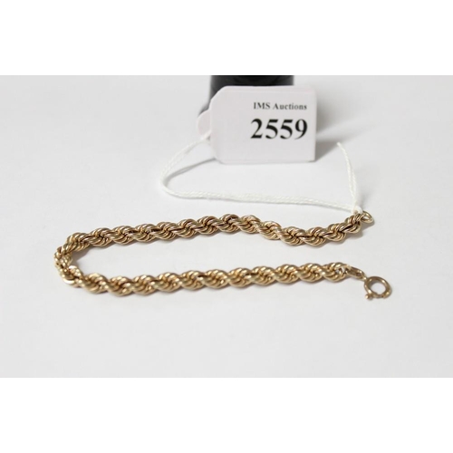 2559 - 9ct Gold Rope Twist Bracelet, 18cm, 7.1g.