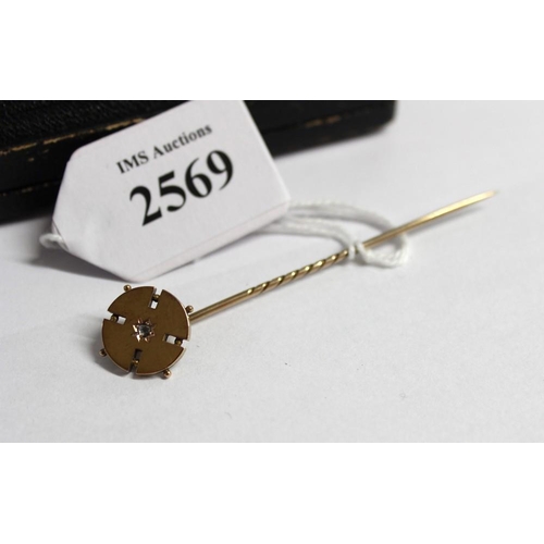 2569 - Cased 9ct Gold & Diamond Chip Tie Pin, 2.6g