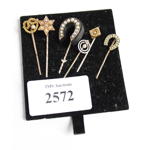 2572 - Collection of Six Gold Tie Pins, approx 9.5g.