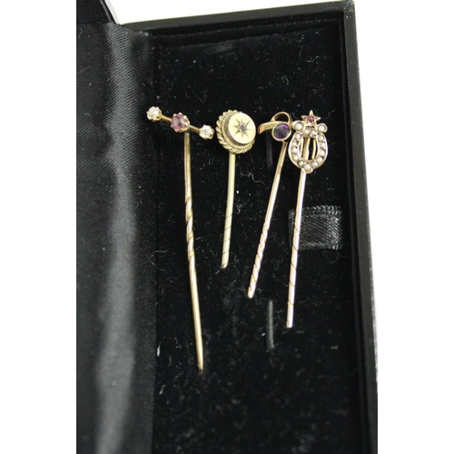 2573 - Four Assorted Gold Tie Pins inset with various Jewels approx 4.1g.