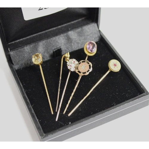 2575 - Collection of Six Assorted Gold Tie Pins inset with Seed Pearls & Various Jewels, approx total weigh... 