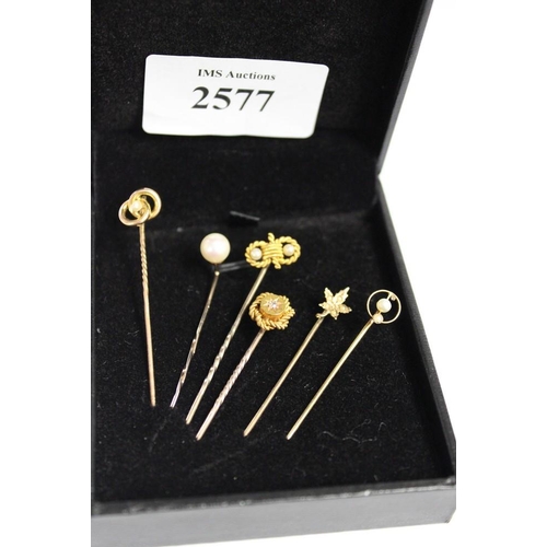 2577 - Collection of Six Assorted Gold Tie Pins, total weight 6.1g.