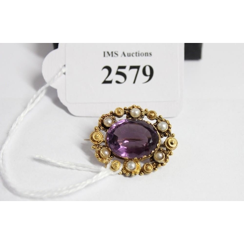 2579 - 18ct Gold Brooch with Amethyst & Seed Pearls, total weight 7.2g.