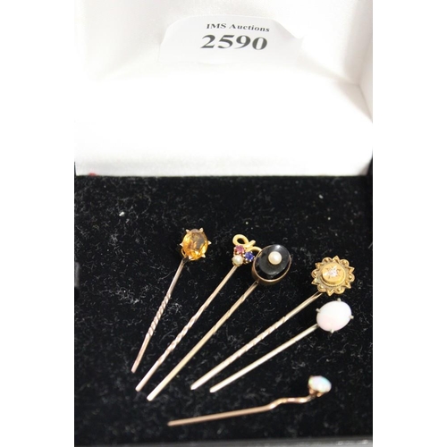 2590 - Collection of Six Assorted Tie Pins inset with various Jewels, Stones, etc total weight 8.5g.