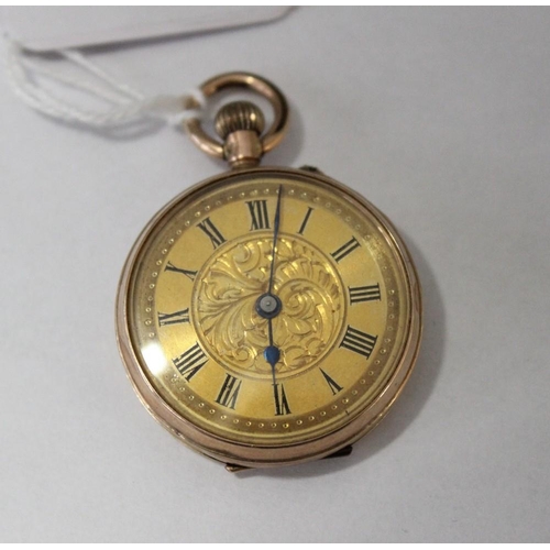 2593 - 9ct Gold Cased Fob Watch, the face with engraved centre and Roman Numerals, total weight 25.5g.