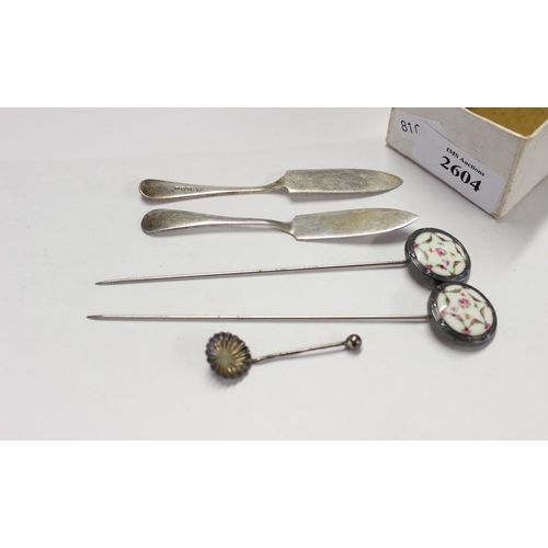 2604 - Pair of Hat Pins, Pair of Silver Butter Knives & Silver Condiment Spoon