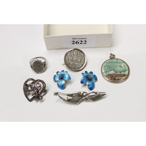 2622 - 4 x Silver Brooches, Silver Marquessate Ring & Enamel Earrings