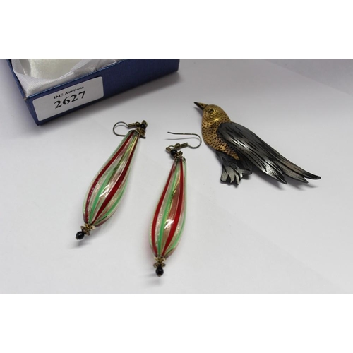 2627 - Long Glass Earrings & Bird Brooch