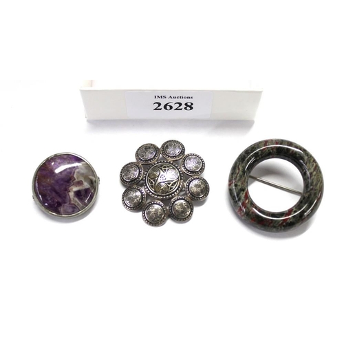 2628 - 3 Silver Brooches - 1 Amethyst/1 Scottish Celt/1 Caithness Agate