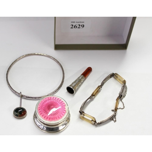 2629 - Silver Bangle ( Moss Agate Charm), Enamel Box (Pink), Agate Bracelet, Silver Amber Cig Holder