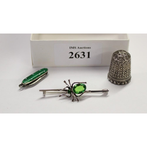 2631 - Chas Horner Green Gemstone Bug/Thimble & Silver Enamel Pen Knife