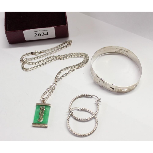 2634 - Silver Bangle, Jade Pendant on Chain, Hoop Earrings Silver