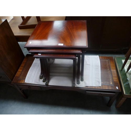 3037 - Mahogany Leather Topped Coffee Table with 2 Drawers & Nest of 3 Mahogany Tables