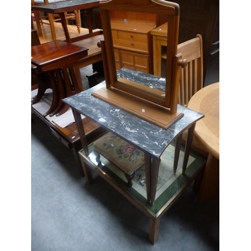 3038 - Brass Edged Glass Top Map Coffee Table/Nest of 2 Tables/Stool and Pine Framed Toilet Mirror