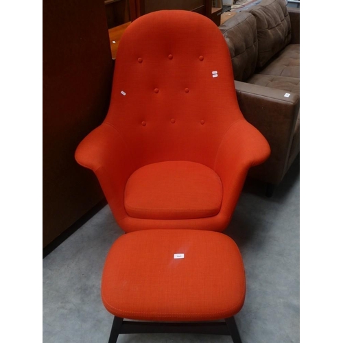 3042 - Reproduction Orange Tub Chair with Footstool on Ebonised Legs