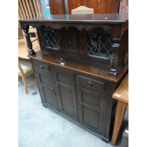 3050 - Oak Court Cupboard with Leaded Glass Doors