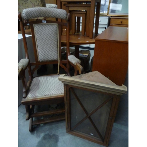 3066 - Mahogany Upholstered American Rocking Chair & Small Hanging Corner Cabinet