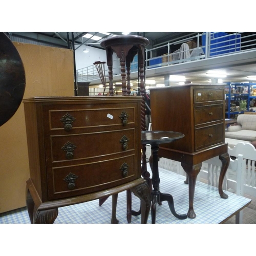 3342 - Two Walnut Three Drawer Bedsides, Mahogany Wine Table and Plant Stand