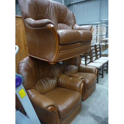 3371 - Brown Leather Two Seater Sofa and Two Chairs