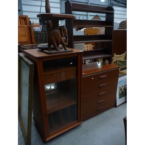 3414 - Teak Stereo, Five Drawer Chest, Open Bookcase, Standard Lamp and Elephant Occasional Table