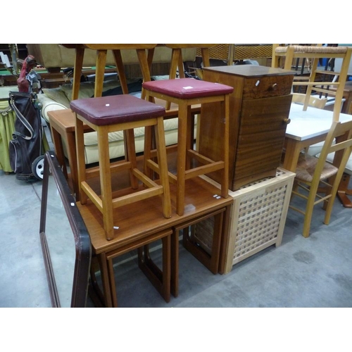 3429 - Teak Nest of Three Tables, Lattice Linen Box, Two Vintage Stools and Bedside Cabinet