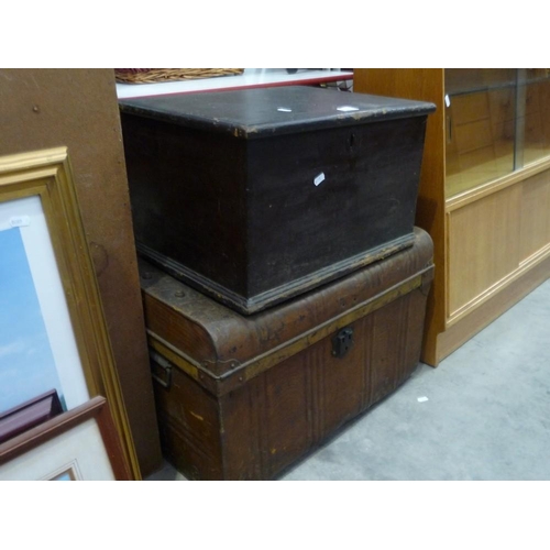 3450 - Vintage Tin Trunk and Pine Tool Chest