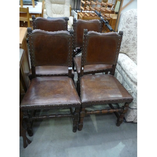 3473 - Four Edwardian Oak and Leather Dining Chairs