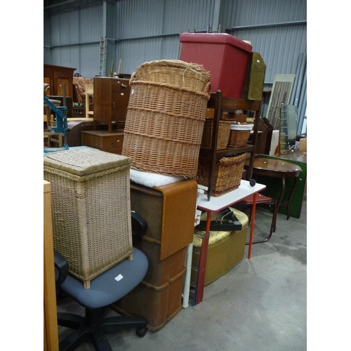 3477 - Office Chair, Vintage Trunk, Stool, Table, Assorted Wicker Baskets etc