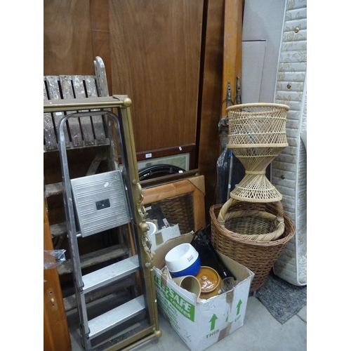 3503 - Painters Steps, Brass Fender, Stoneware Jar and Cover, Shopping Trolley, Games Table Top, Wicker Bas... 