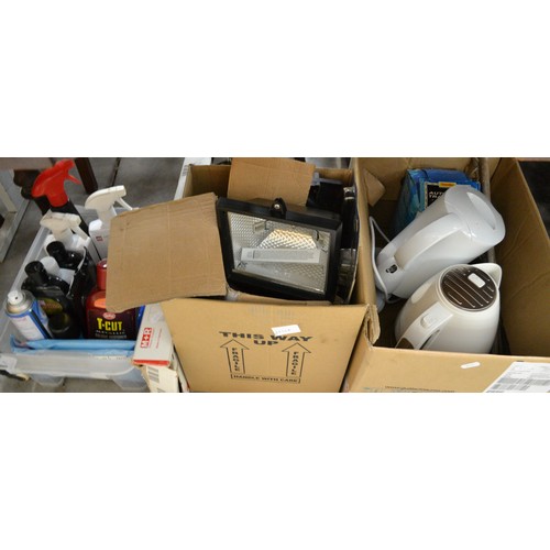 3032A - Three Boxes including Electric Kettle, Car Cleaning Accessories, Security Alarms