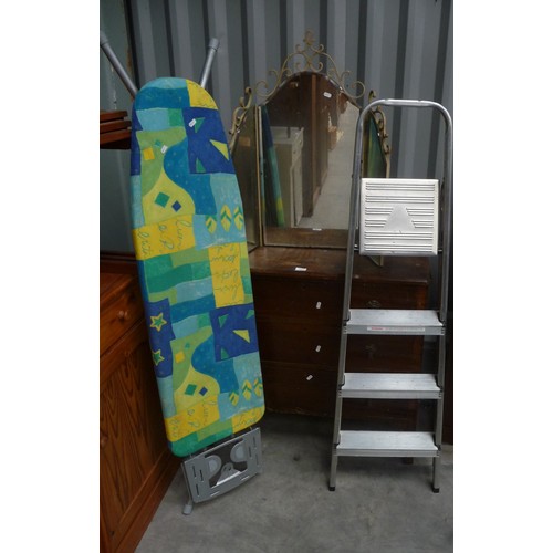 3024 - Wooden Folding Cloths Frame, Metal Steps, Ironing Board, Triple Mirror & Wooden 3 Drawer Chest