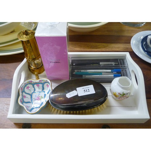 512 - Tray Lot, Silver Back Brush, Miniature Miners Lamp, Chanel Chance Body Moisture Etc.