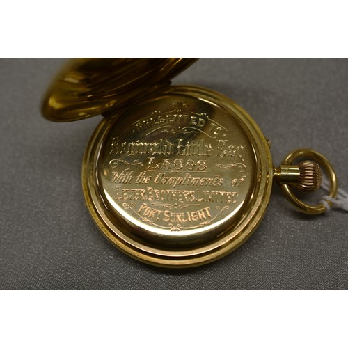 2538 - 18ct Gold Half Hunter Pocket Watch, Central Outer Window surrounded with Roman Numerals, Opening to ... 