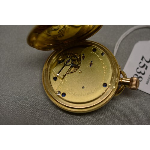 2538 - 18ct Gold Half Hunter Pocket Watch, Central Outer Window surrounded with Roman Numerals, Opening to ... 