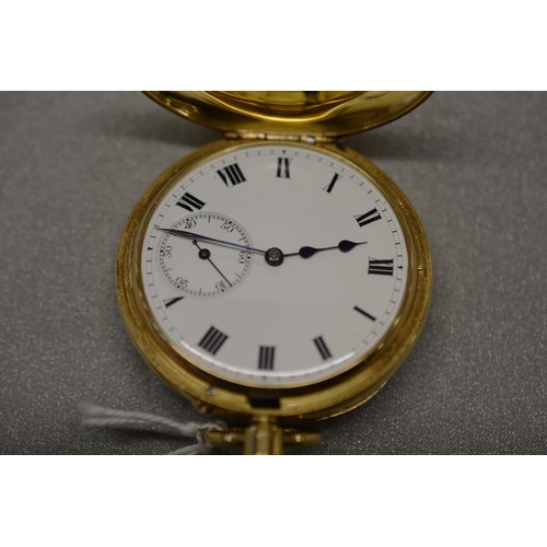 2538 - 18ct Gold Half Hunter Pocket Watch, Central Outer Window surrounded with Roman Numerals, Opening to ... 