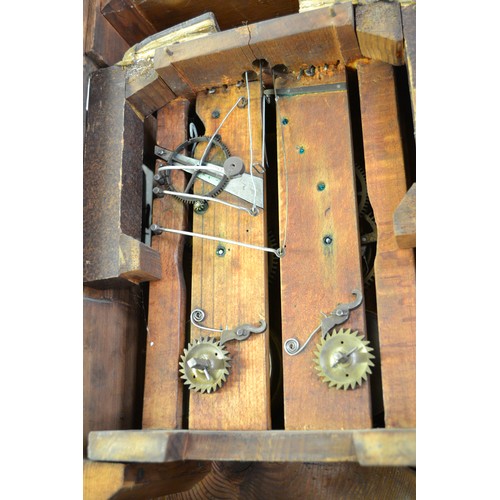 1013 - Antique Fusee Cuckoo Clock with white enamel dial & Roman Numerals, the surround painted with Hunter... 