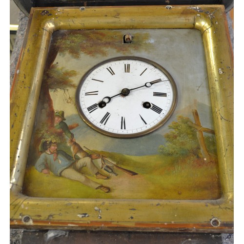 1013 - Antique Fusee Cuckoo Clock with white enamel dial & Roman Numerals, the surround painted with Hunter... 