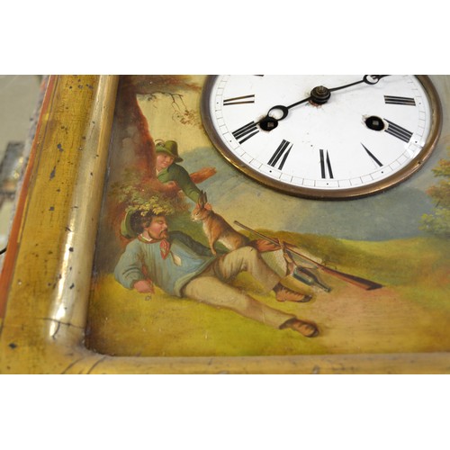 1013 - Antique Fusee Cuckoo Clock with white enamel dial & Roman Numerals, the surround painted with Hunter... 