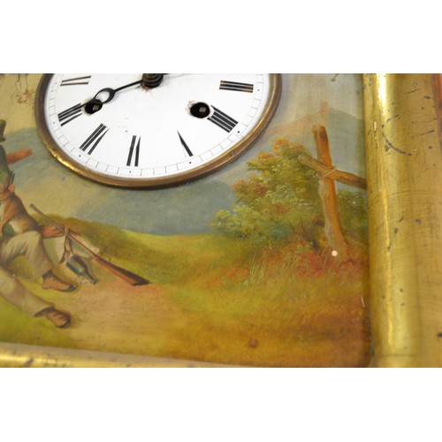 1013 - Antique Fusee Cuckoo Clock with white enamel dial & Roman Numerals, the surround painted with Hunter... 