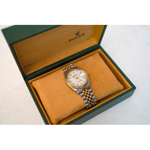 2540 - Rolex Bimetal, Datejust Wristwatch, White Face with Roman Numerals, Full Set Box & Papers.