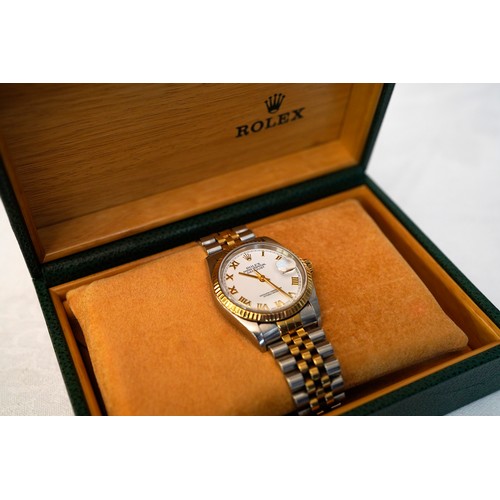 2540 - Rolex Bimetal, Datejust Wristwatch, White Face with Roman Numerals, Full Set Box & Papers.