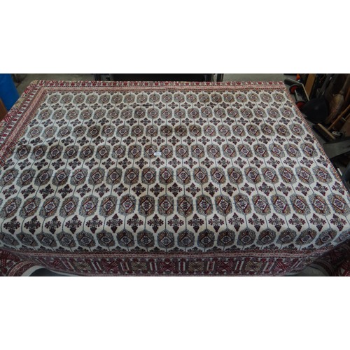 3536 - Fringed & Bordered  Geometric Rug On Red & Fawn Ground (280cm X 200cm Approx)