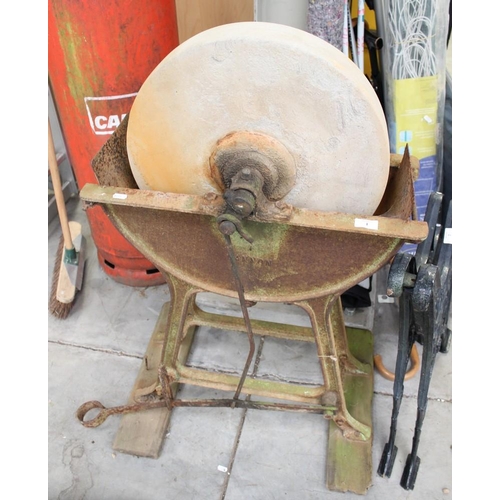 1 - Large Antique Grinding Wheel On A Cast Iron Base  (Stone Diameter 45cm)